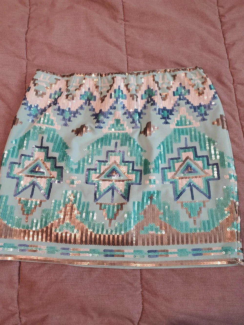 English Rose Southwestern Sequin Mini Skirt Geometric Tribal Mint Green Sz S